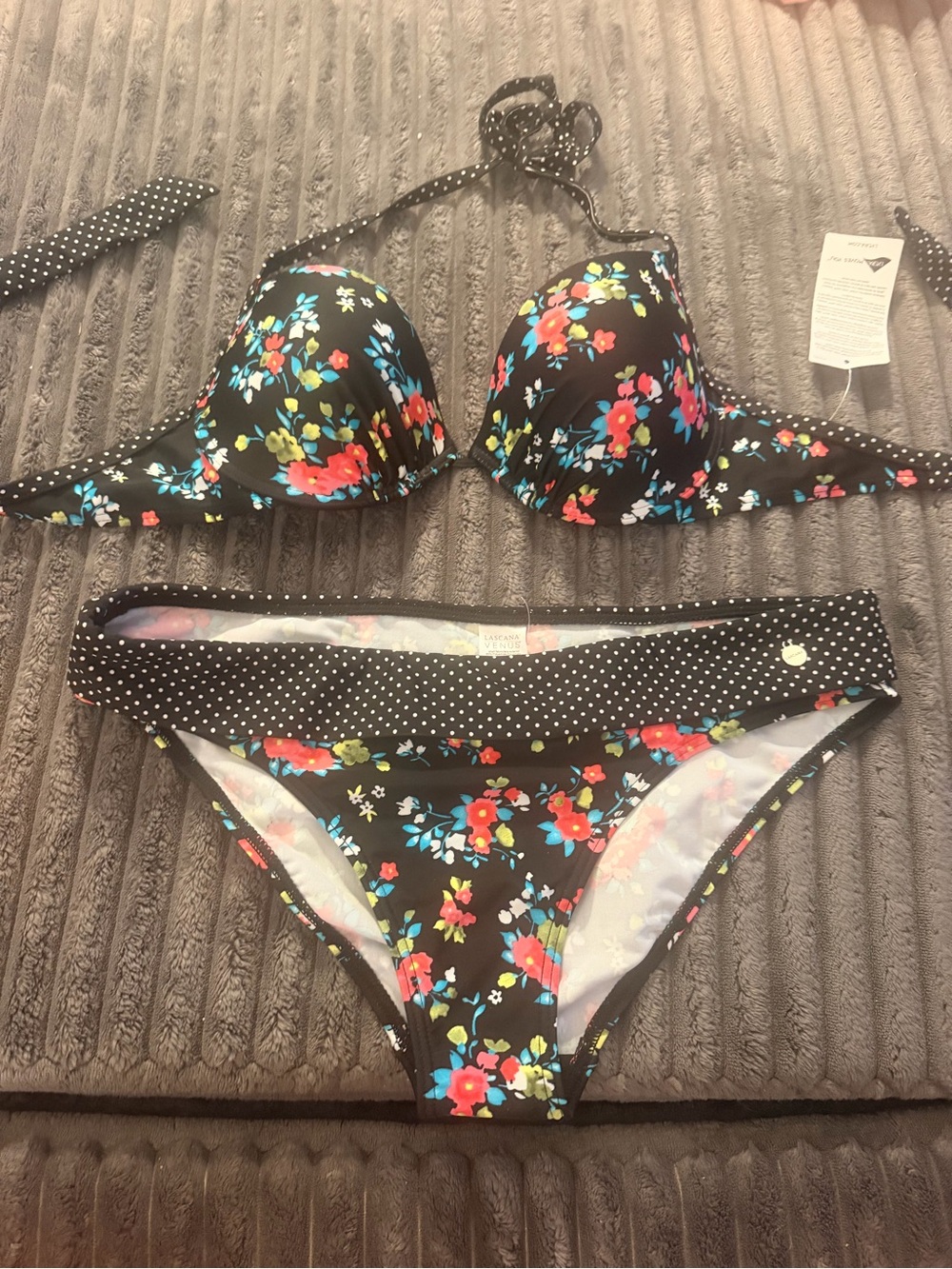 VENUS Black Floral Halter Bikini Set with Polka Dot Trim NWT